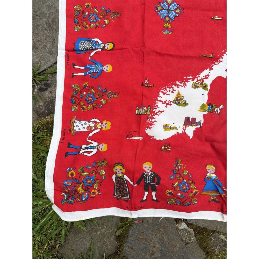 Vintage Denmark Scandinavian Folk Art Tablecloth Danish Windmill Floral Linen